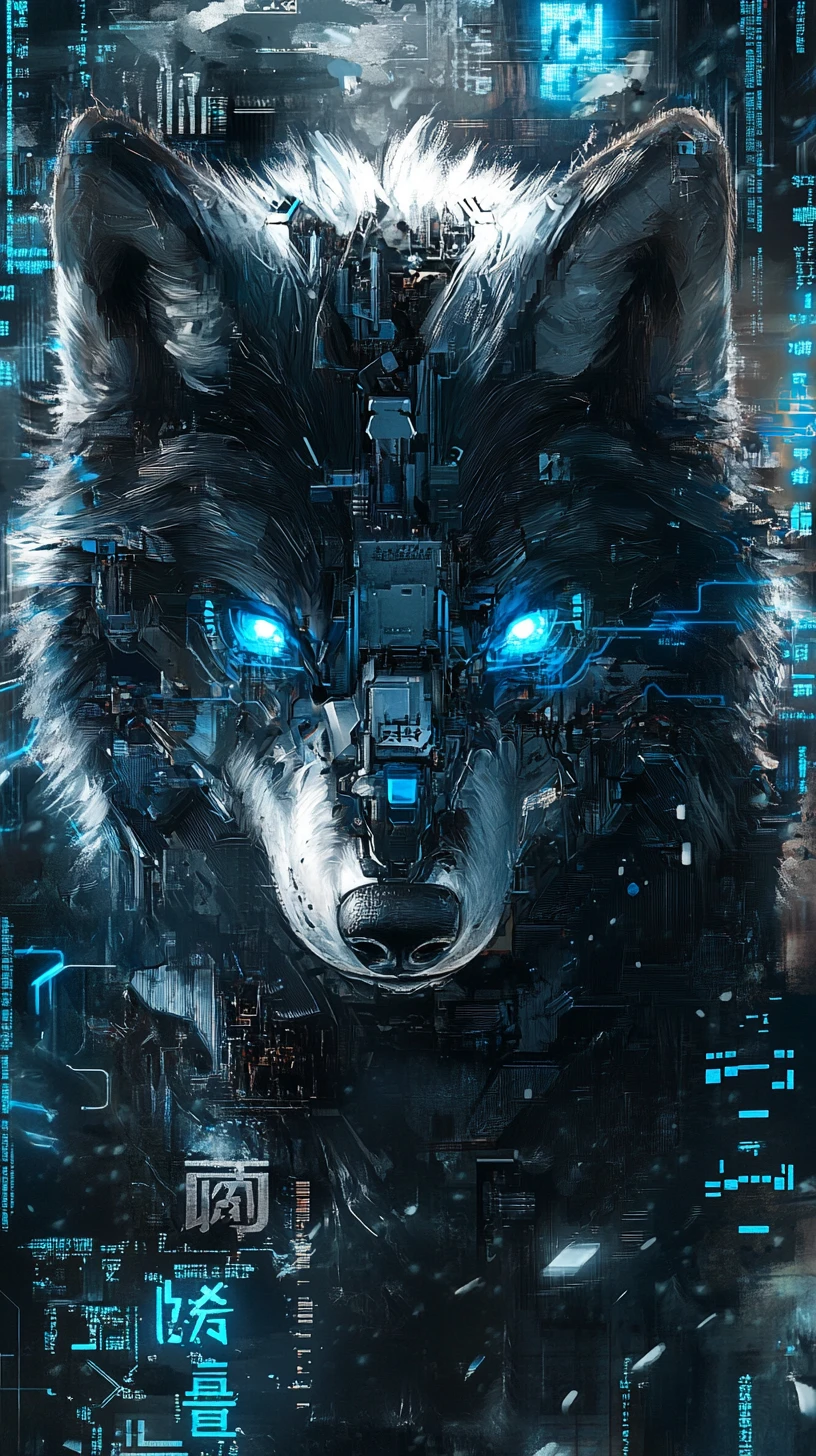 Cybernetic wolf head amid chaotic neon data storm