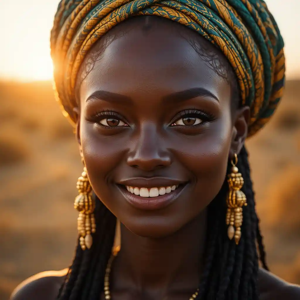 Radiant West African woman in golden hour portrait