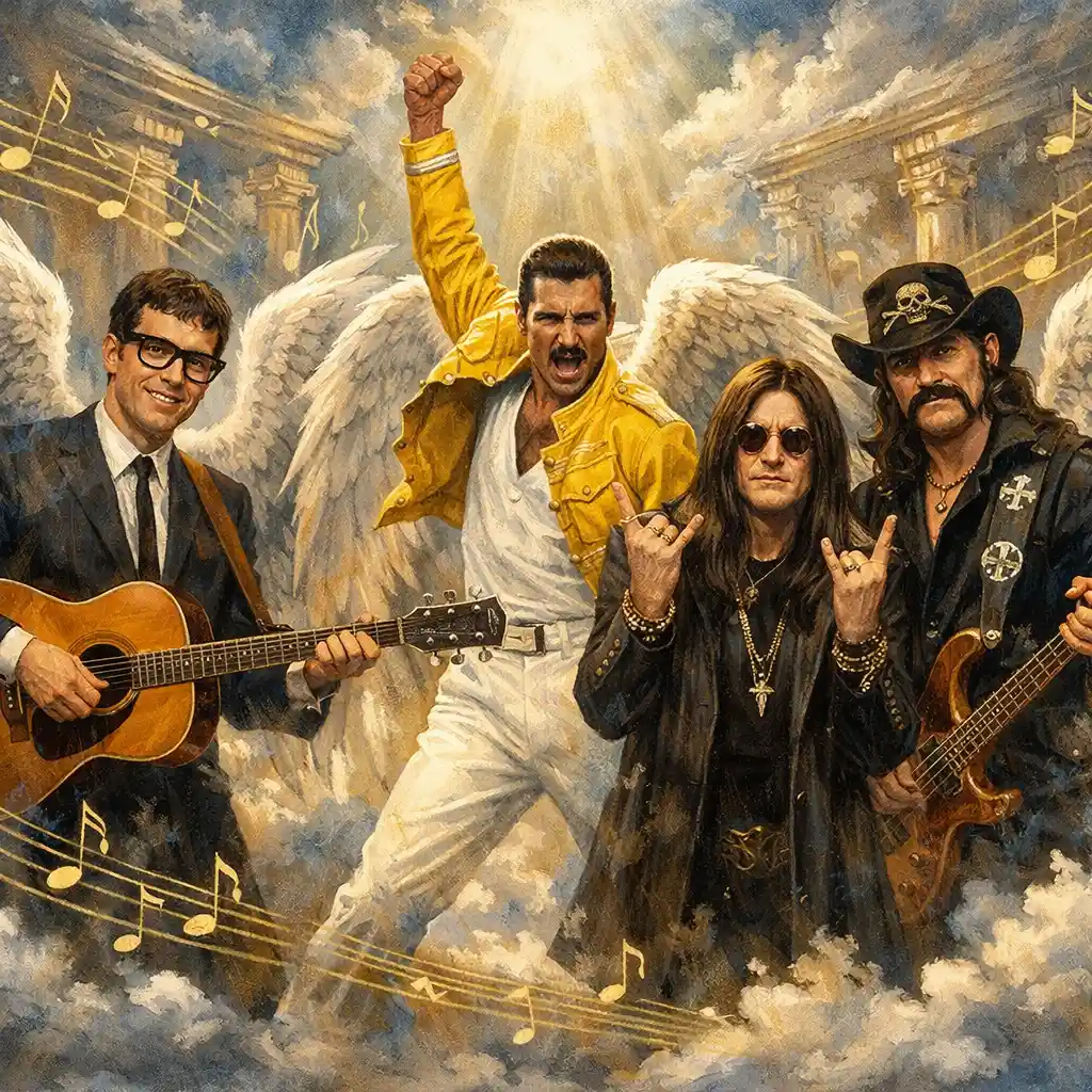 Ícones lendários do rock com asas de anjo em um palco celestial