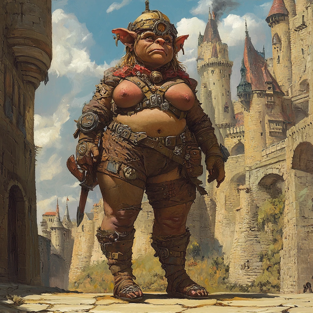 Steampunk troll queen in regal leather before a stone castle
