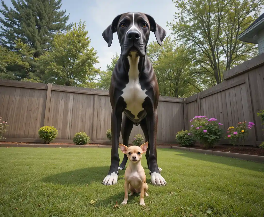 Tall great dane and tiny chihuahua in a backyard