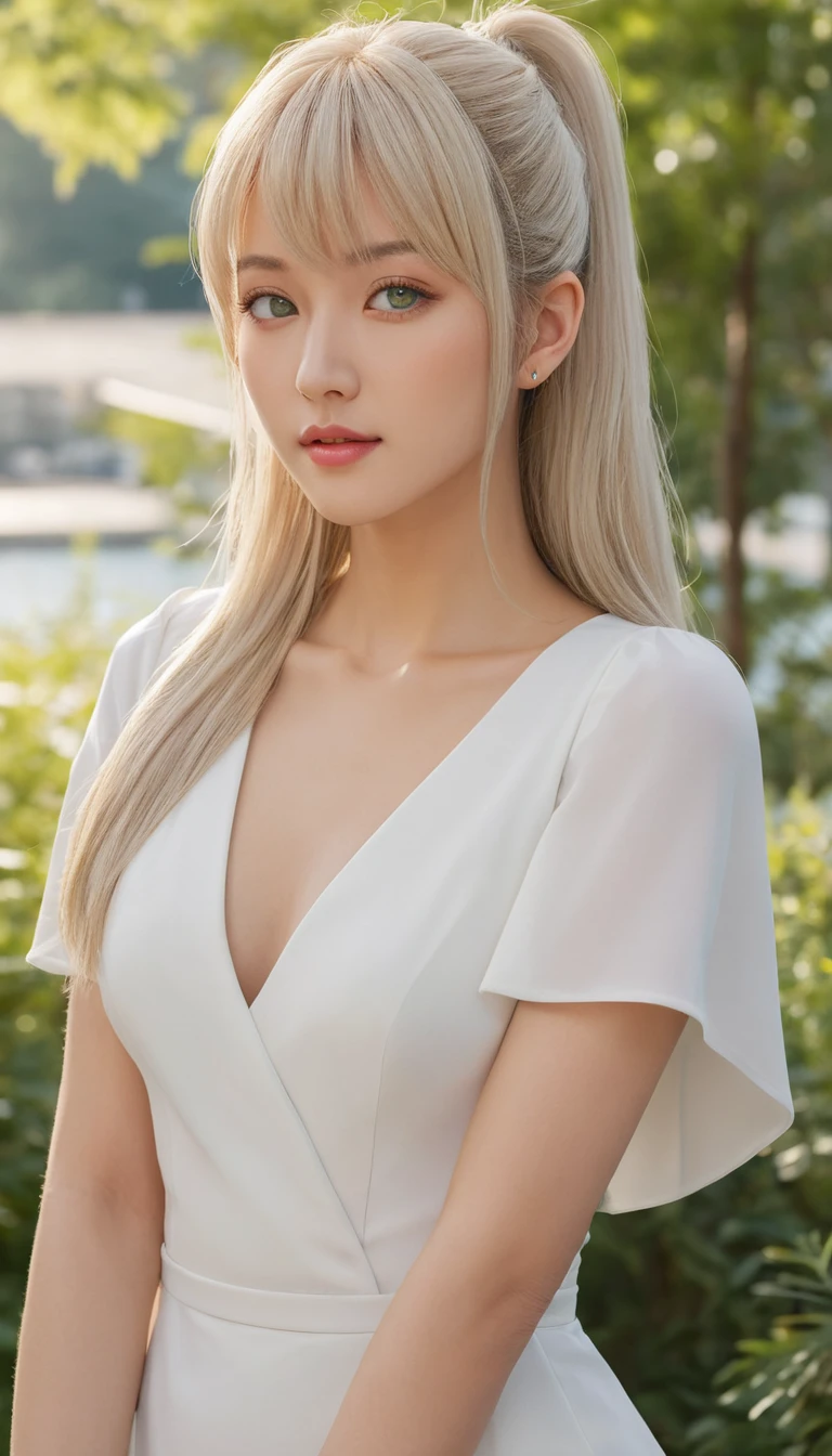Confident anime woman standing outdoors in daylight