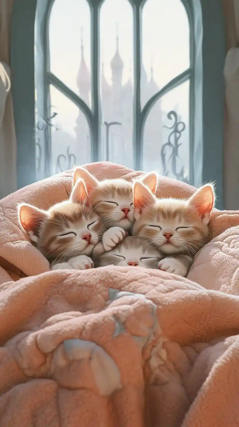 Three cartoon kittens sleeping together on a cozy bed