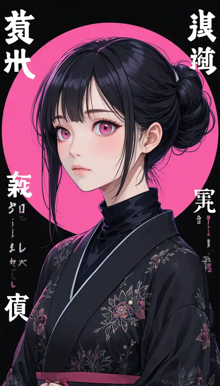 Anime girl in black kimono with pink glowing circle