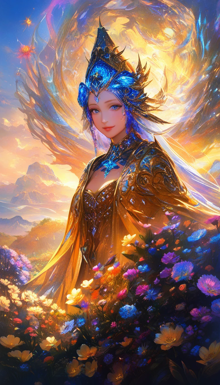 Smiling girl in floral outfit under a sunny sky