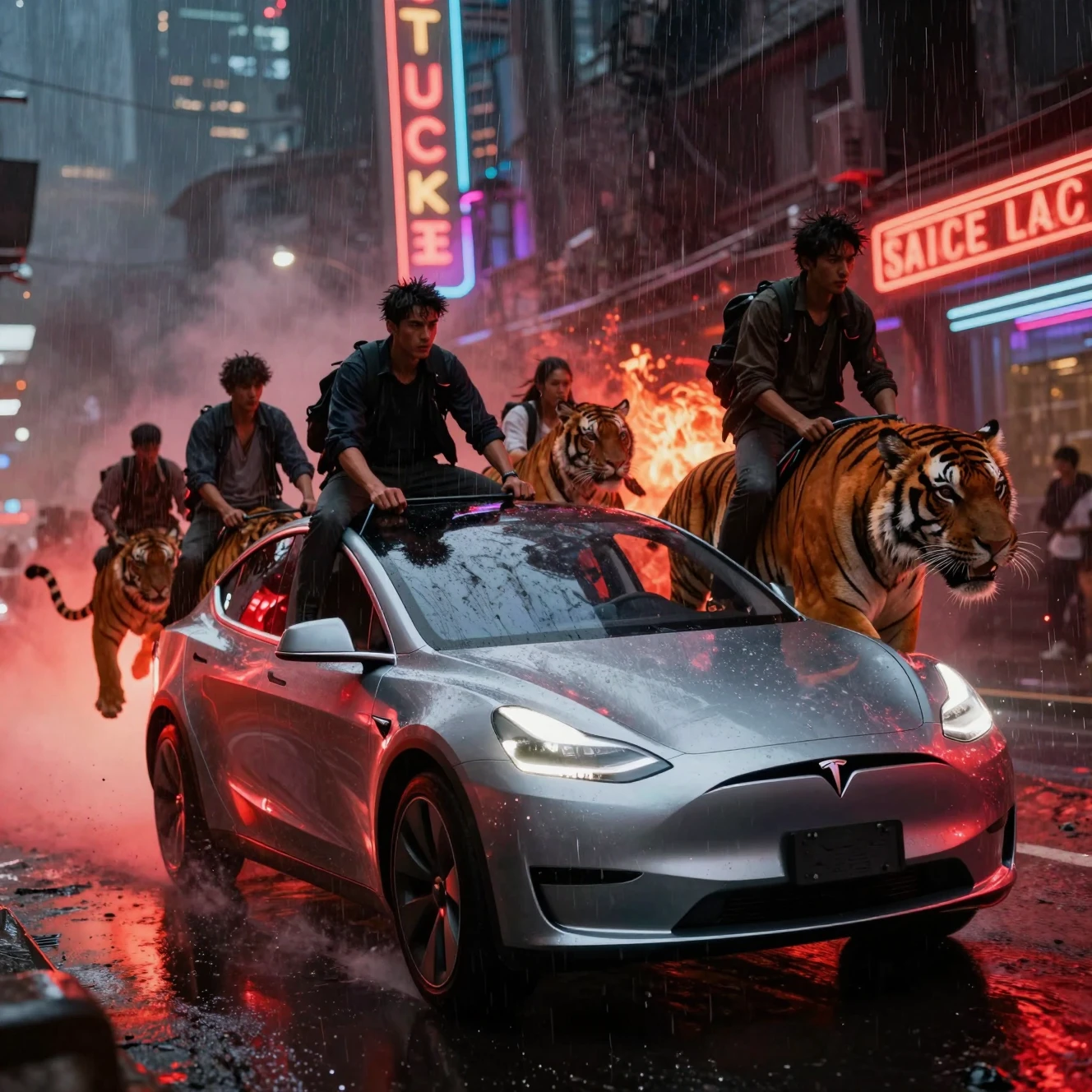 Futuristisches Auto von Reitern auf Tigern im Neonsturm verfolgt