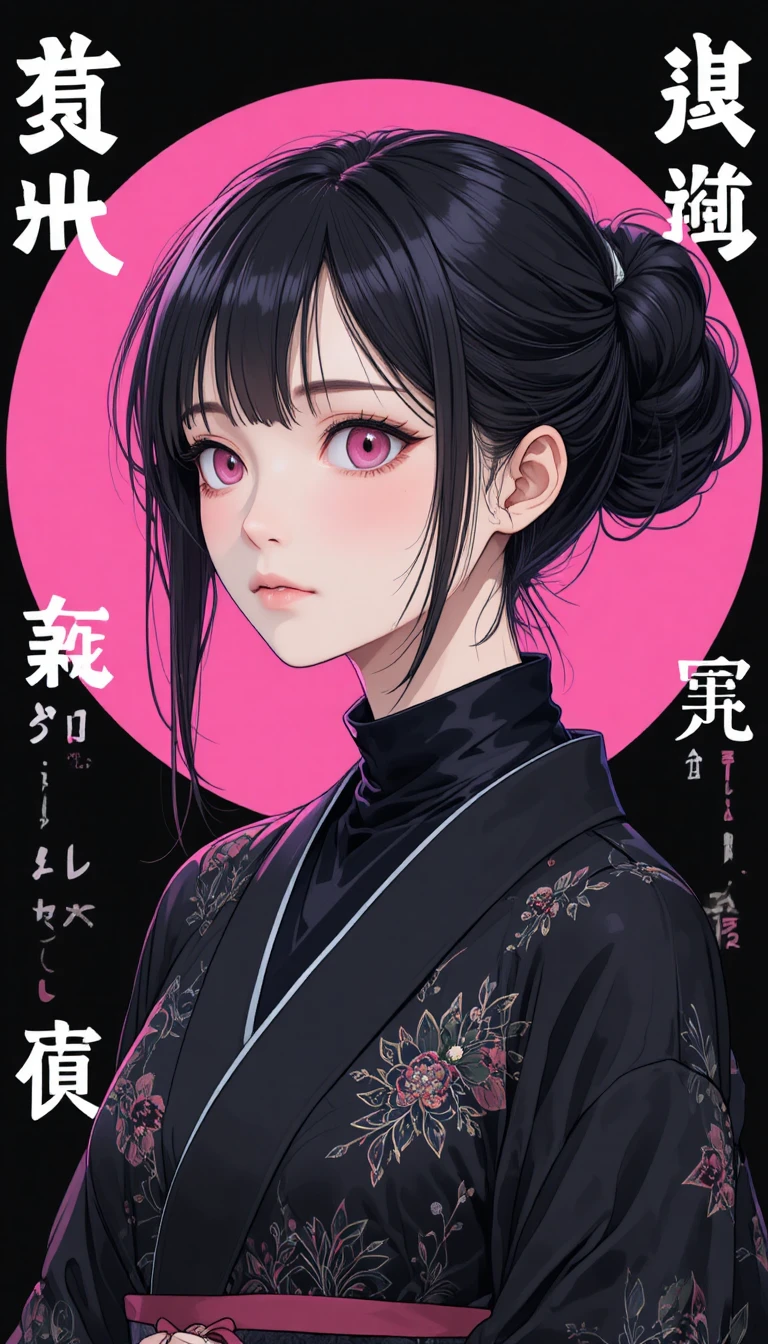 Anime girl in black kimono with pink glowing circle