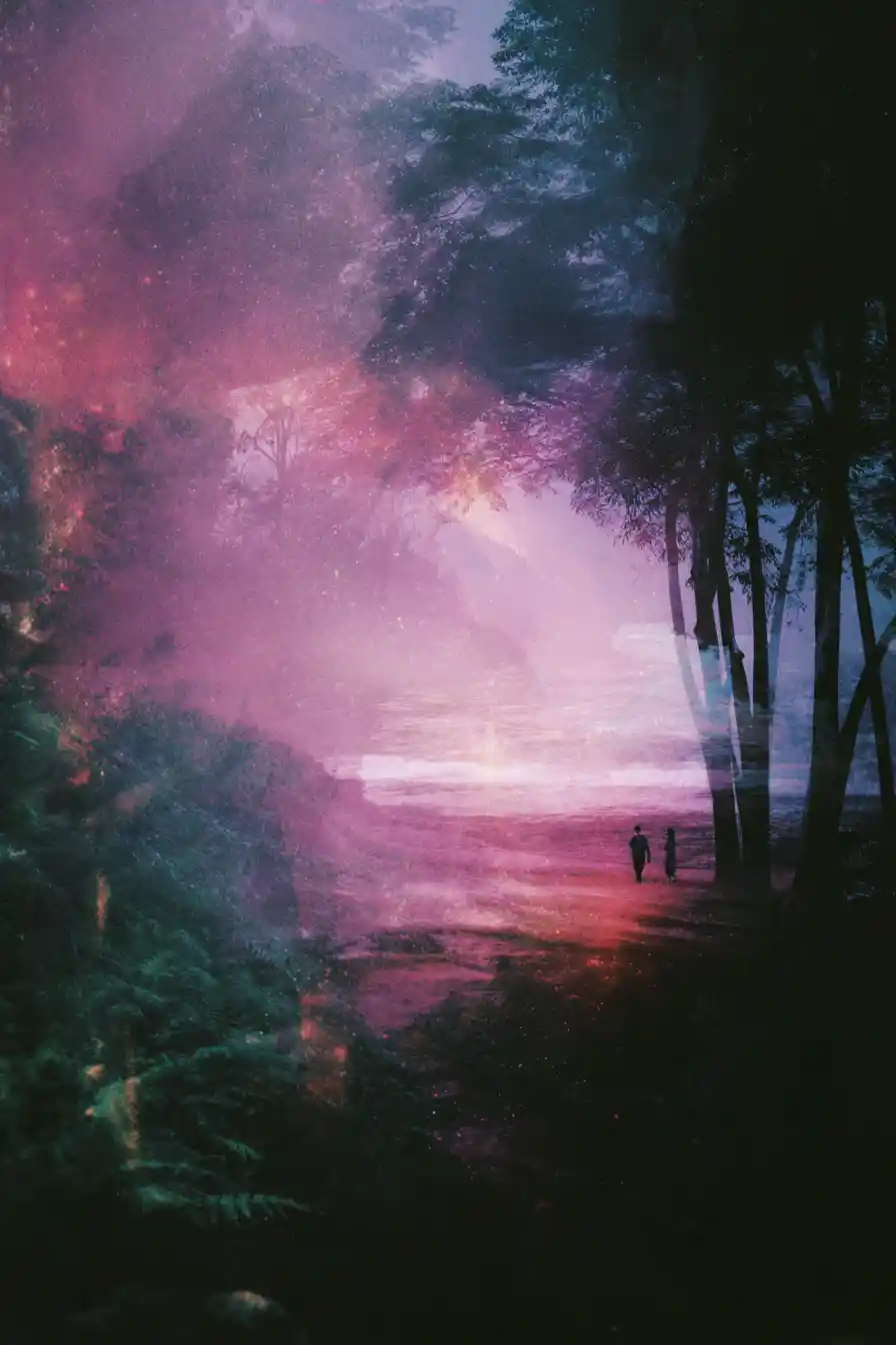 Surreal heartscape over forest and sea in cinematic style