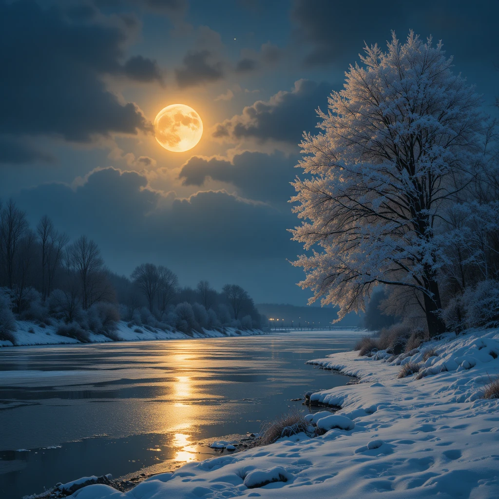 Luna llena sobre un río invernal congelado de noche