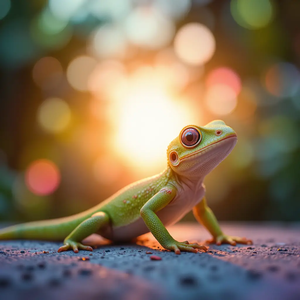 Bunter Gecko vor tropischem Sonnenuntergang mit Bokeh-Lichtern