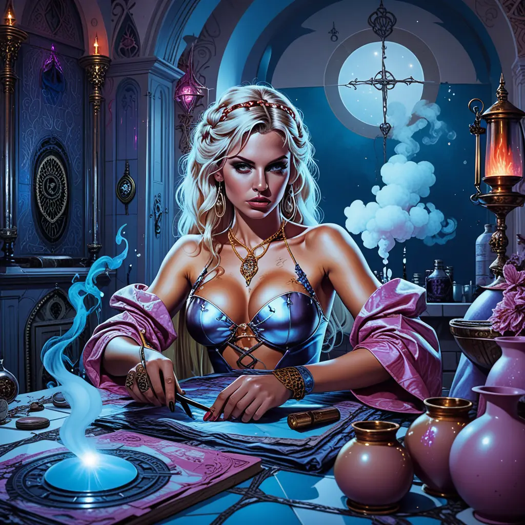 Strega bionda che prepara pozioni in una colorata bottega magica medievale