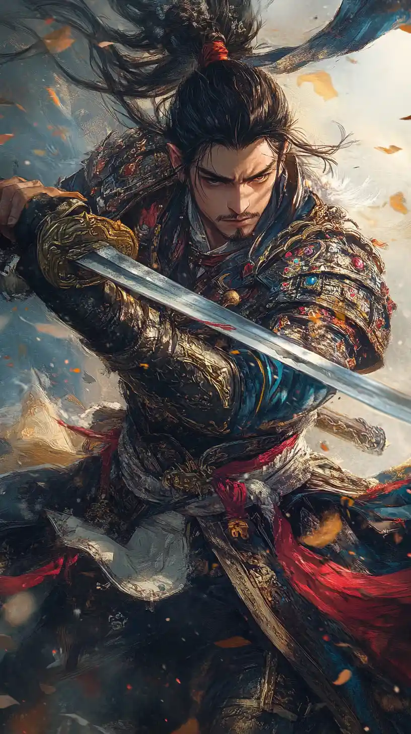 Anime fantasy warrior poised in a dramatic duel stance