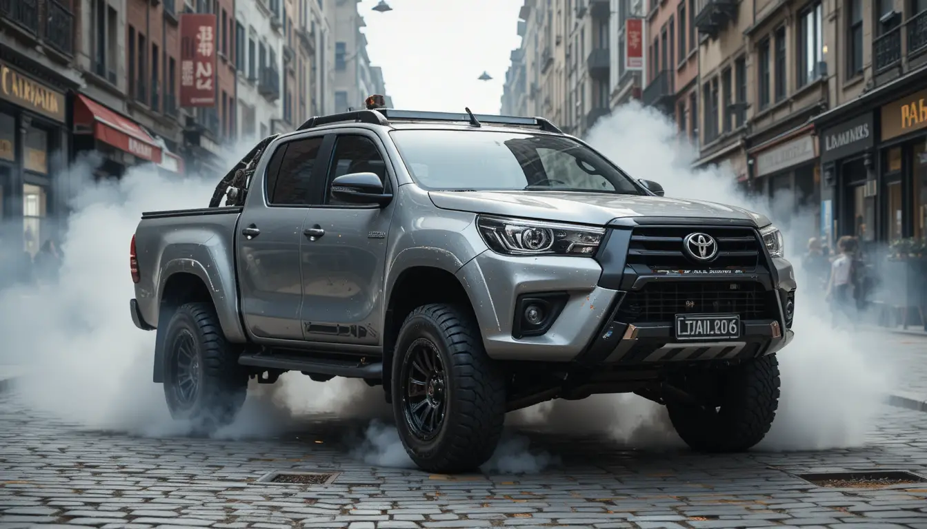 Steampunk Toyota Hilux smoking tyres on cobblestone city street