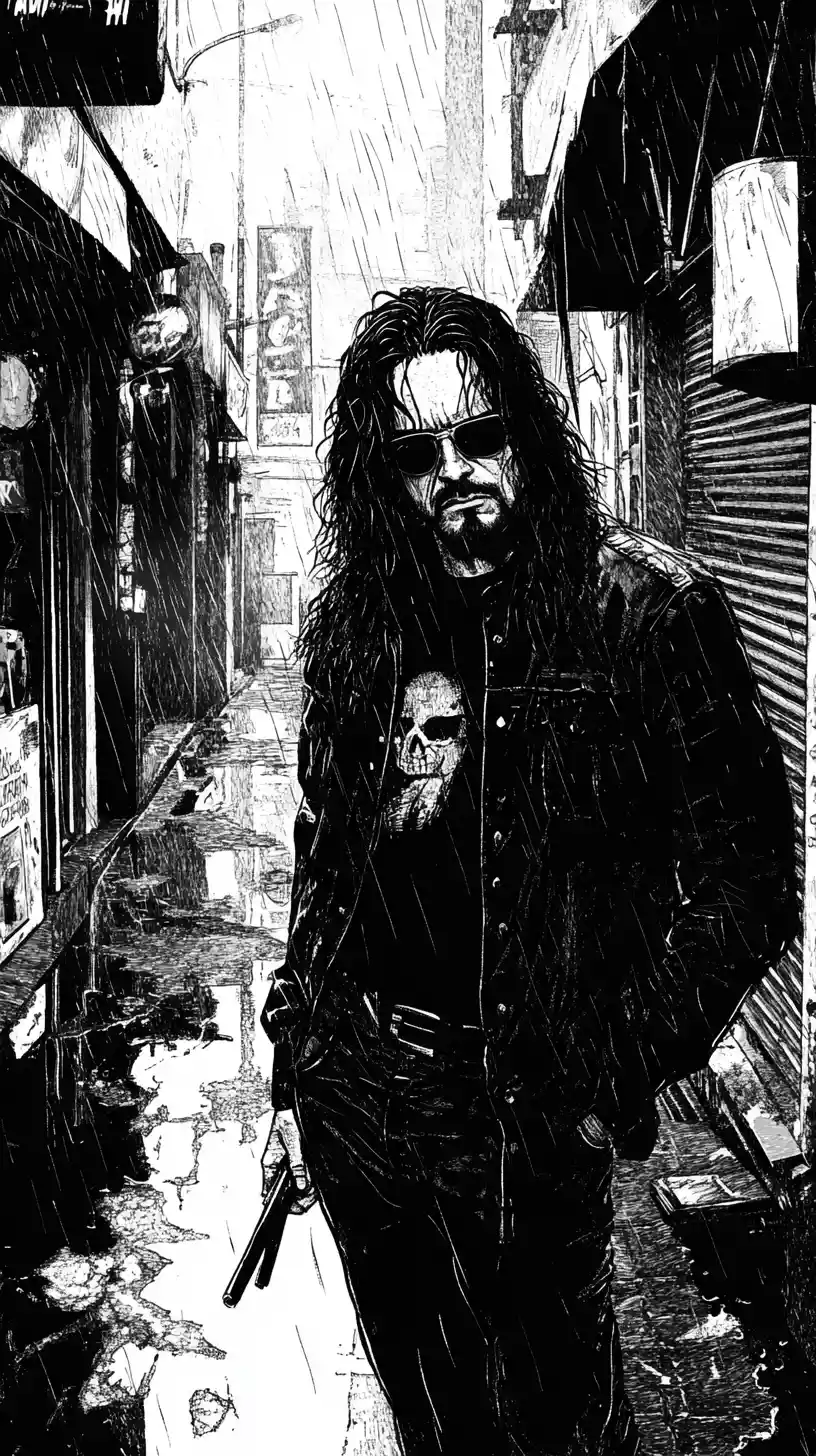 Noir detective smoking in a rainy city alleyway