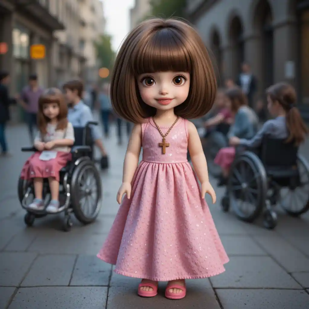 Bambola con vestito rosa in piedi su un marciapiede in città