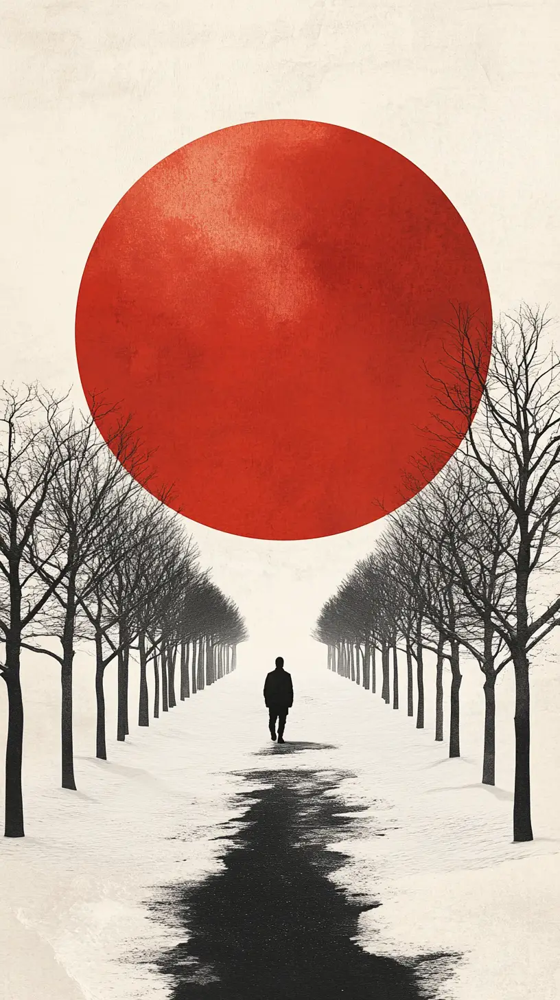 Figura solitaria che cammina su un sentiero innevato verso un sole rosso