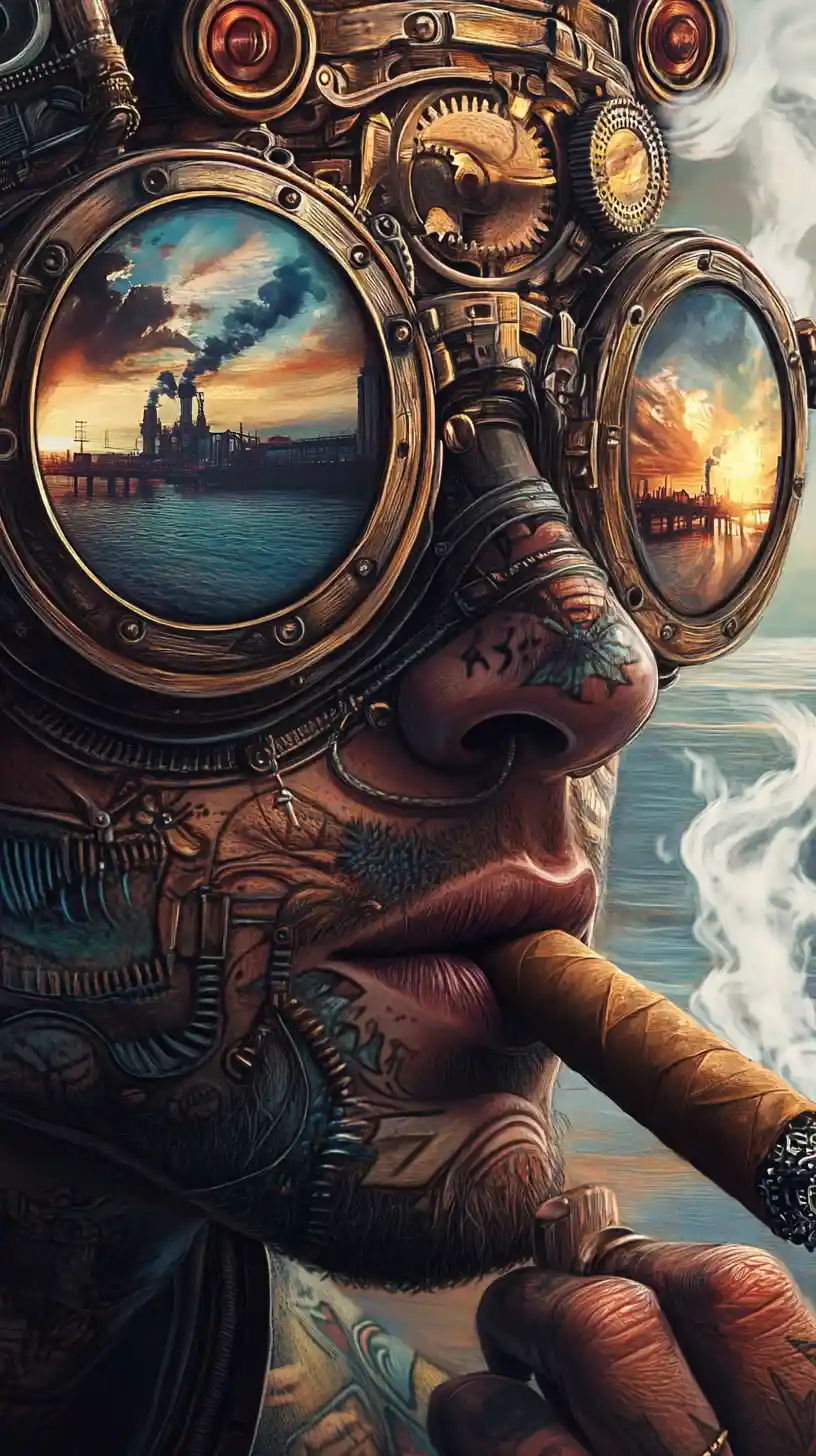 Donna steampunk con occhiali che fuma in un vortice di fumo blu