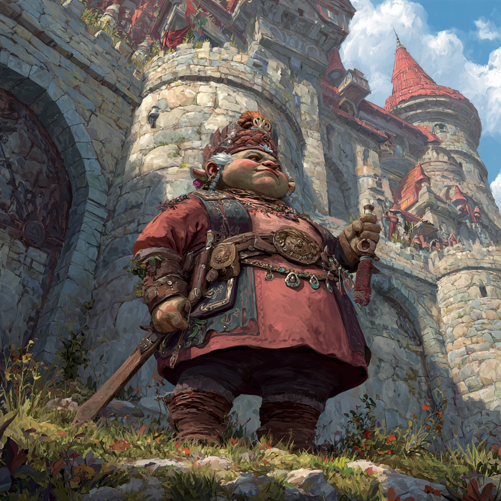 Regal troll queen in leather before a grand stone castle