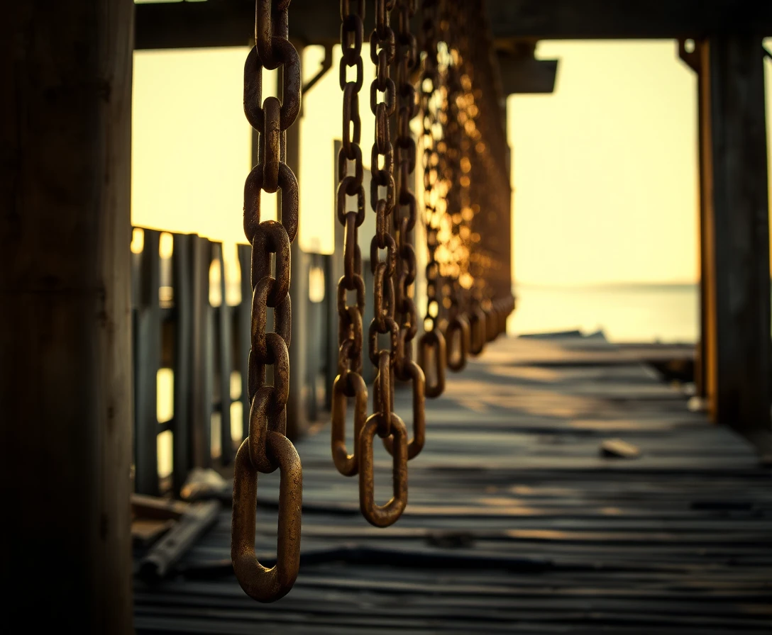 Rusty chains hanging beneath a decaying wooden pier