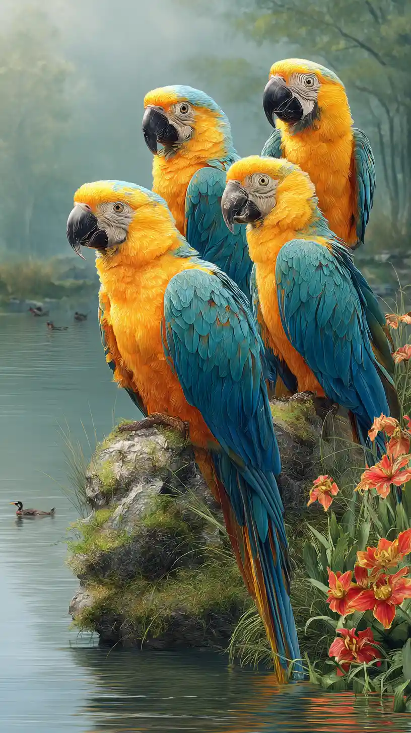 Colorful parrots on mossy rock by a tranquil lake