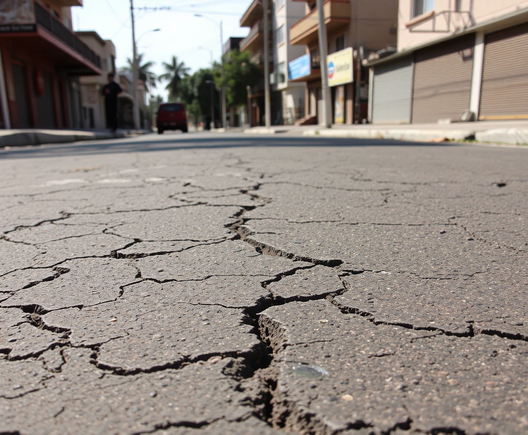 Estrada urbana rachada sob sol forte do meio-dia em rua vazia