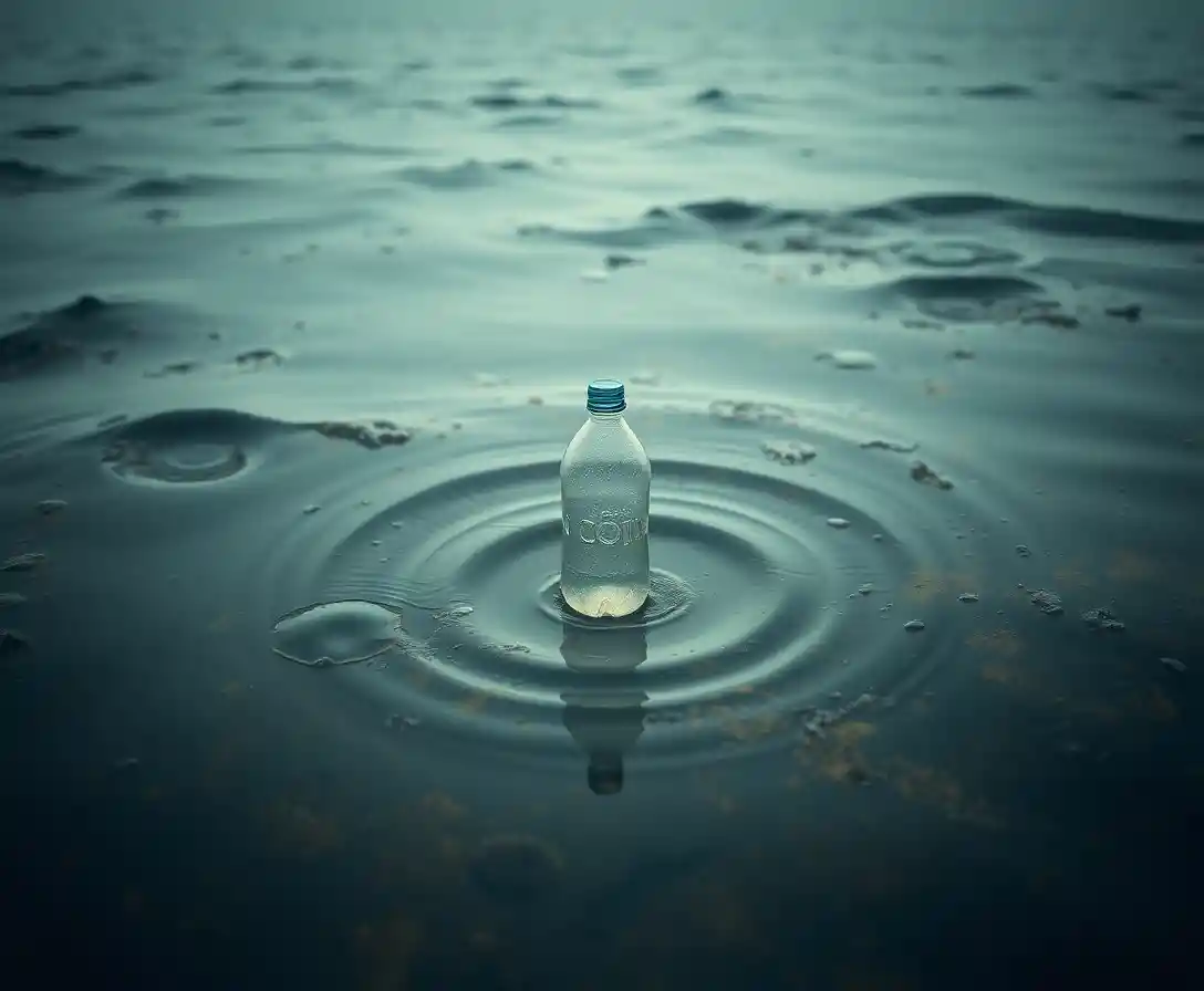 Einzelne Plastikflasche treibt auf verschmutztem, trübem Meerwasser