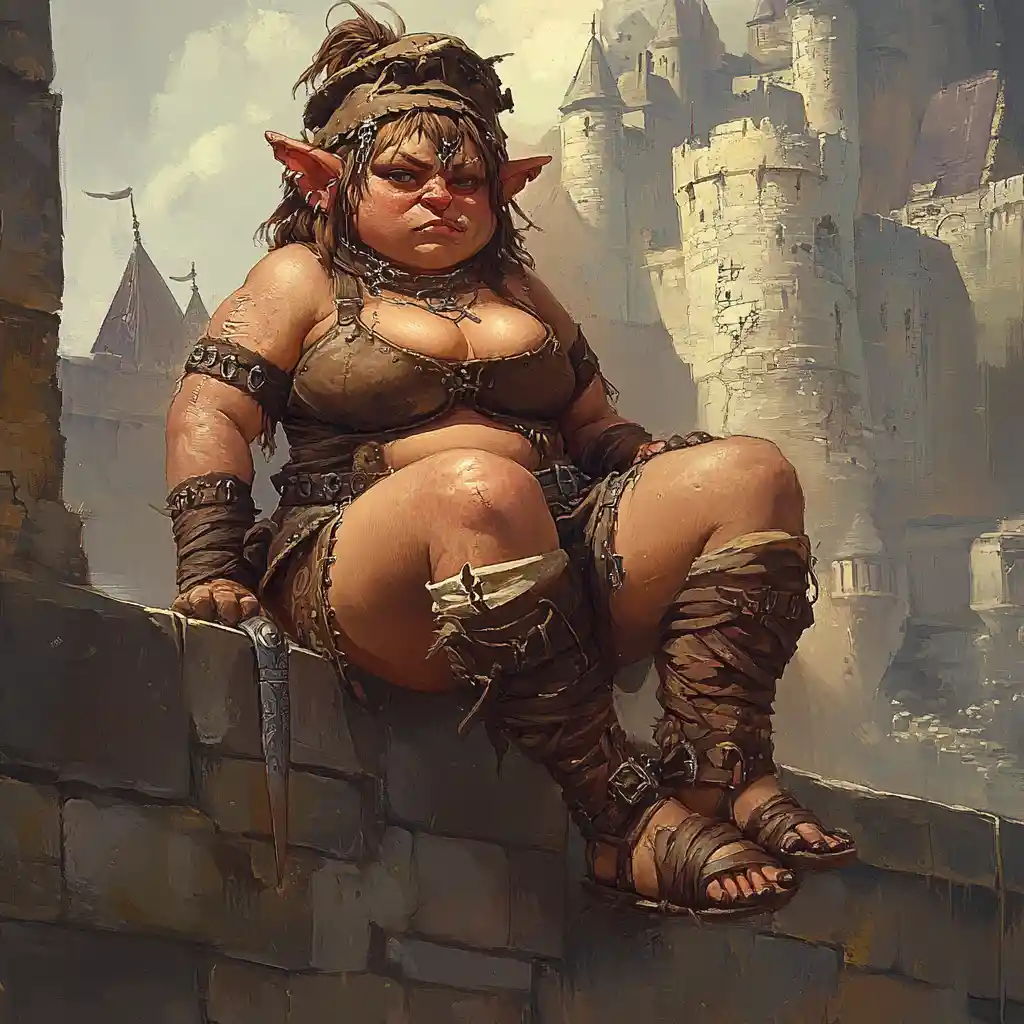 Regal troll queen in leather tunic before a stone castle