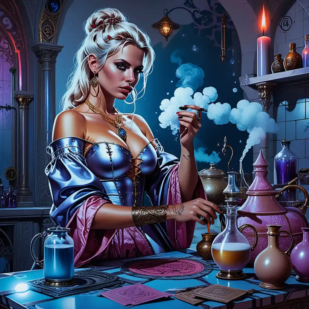 Strega bionda che prepara pozioni in una colorata bottega di magia medievale