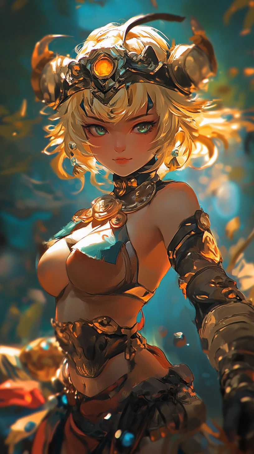 Guerriera fanciulla fantasy in posa da duello in stile anime