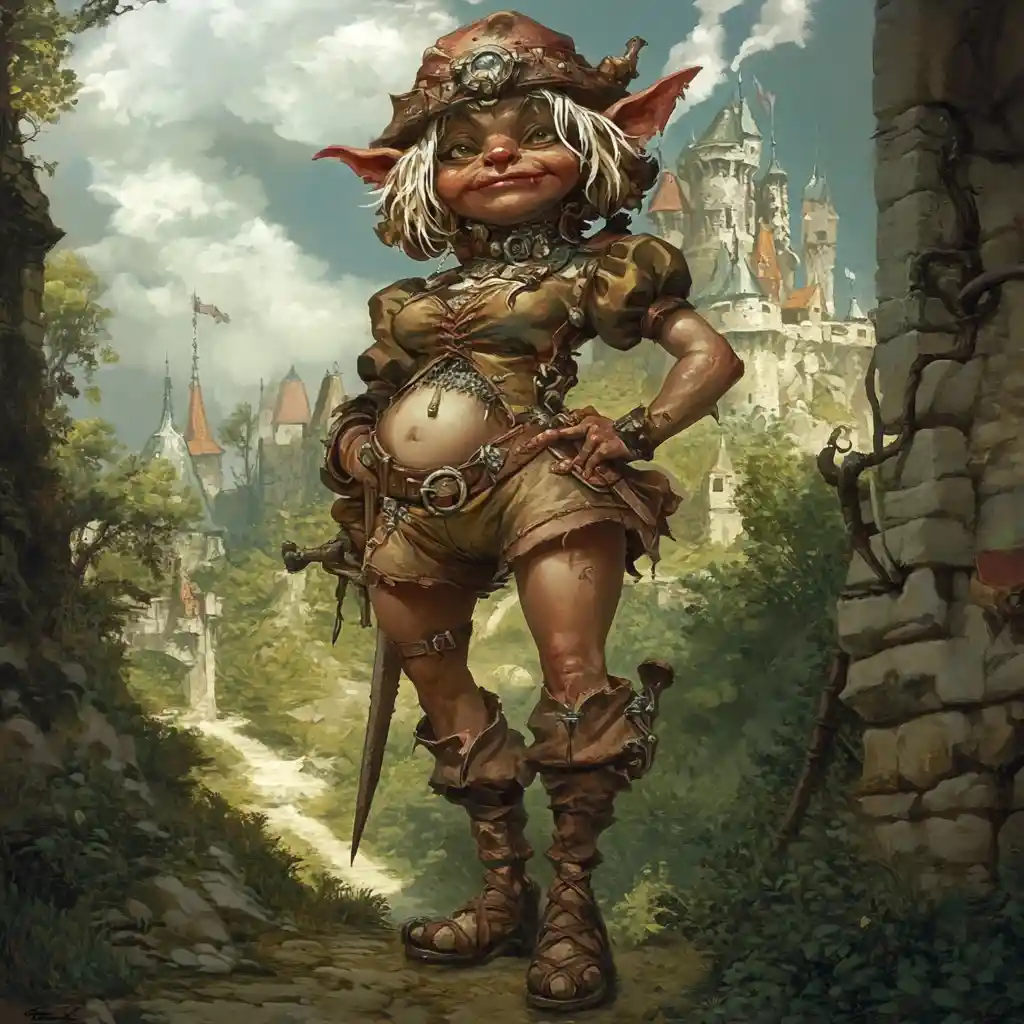 Regale regina troll in tunica di pelle davanti a un castello di pietra