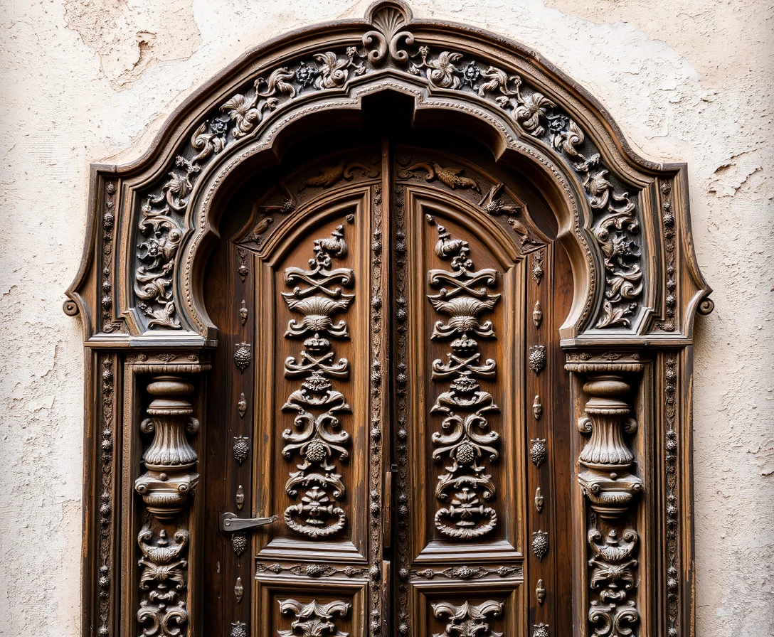 Weathered Wooden Door With Traditional Carved Motifs
