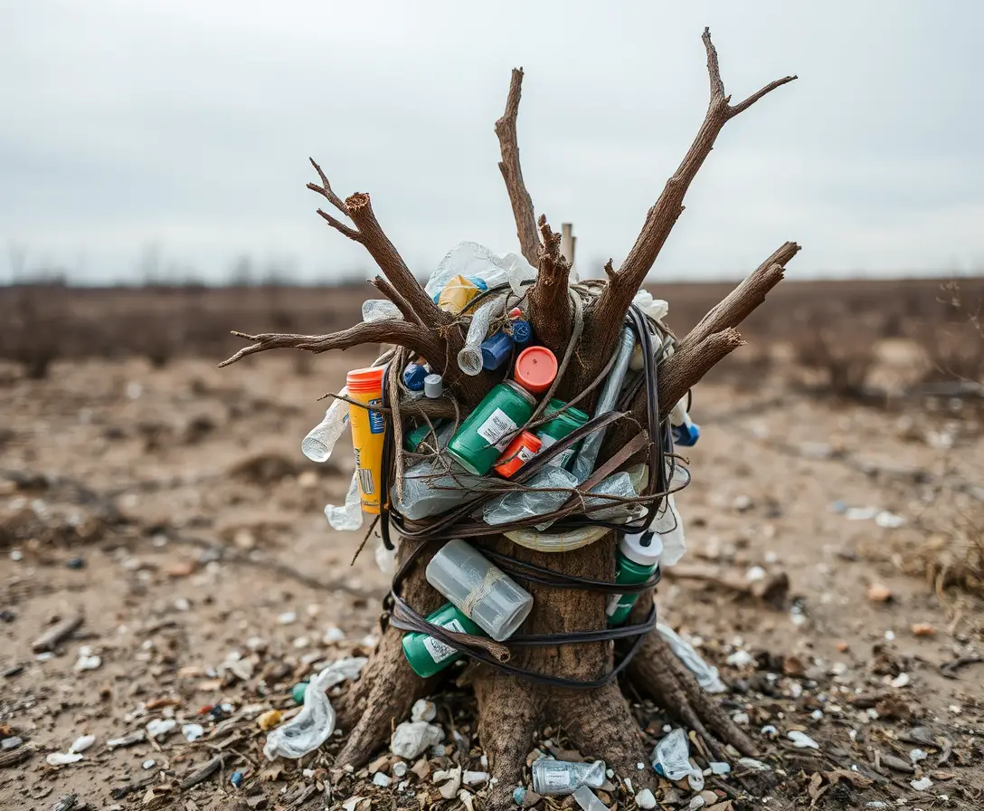 Plastic debris choking a dead tree in a barren landscape