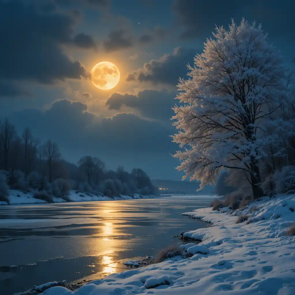 Full moon over a frozen winter river at night