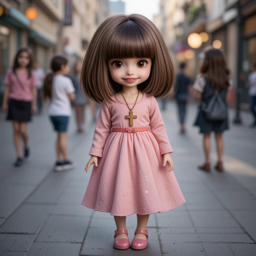 Brown haired doll in pink dress on city sidewalk