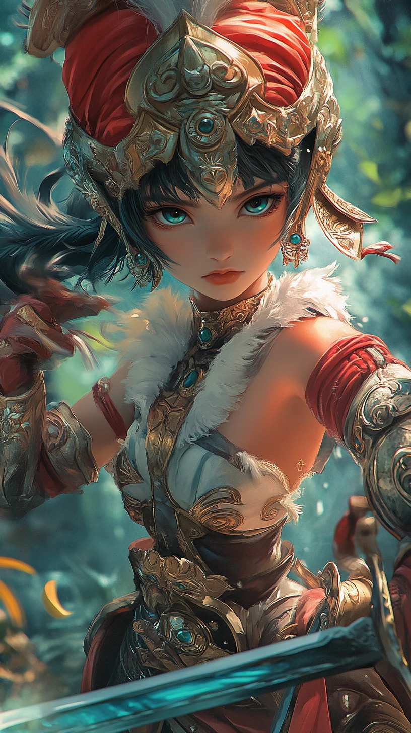 Guerrière de fantasy style anime en posture de duel