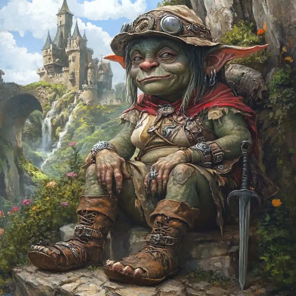 Reina trol steampunk ante un imponente castillo fantástico de piedra