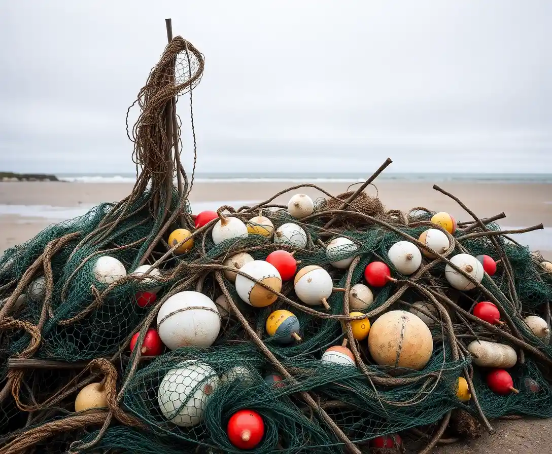 Discarded Fishing Gear Tangled On Remote Overcast Beach