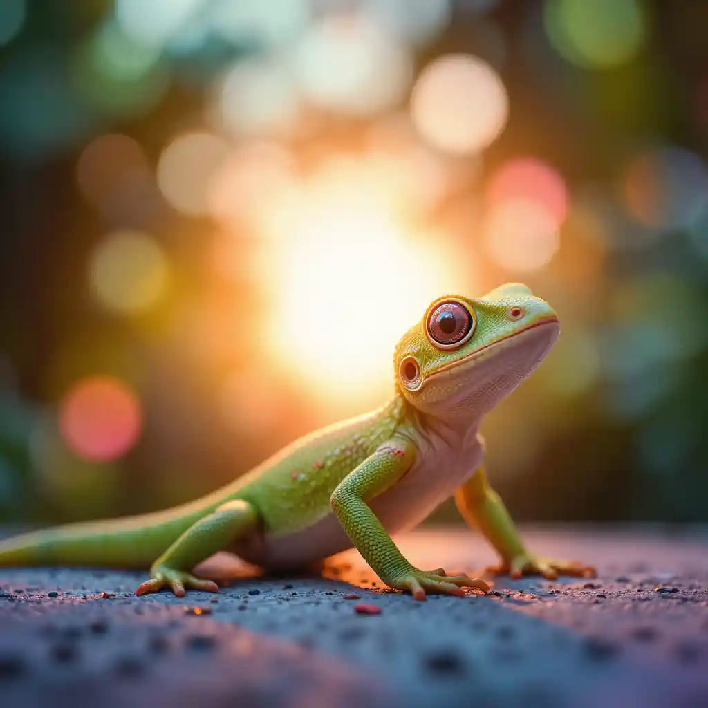 Lagarto colorido diante de luzes bokeh em pôr do sol tropical
