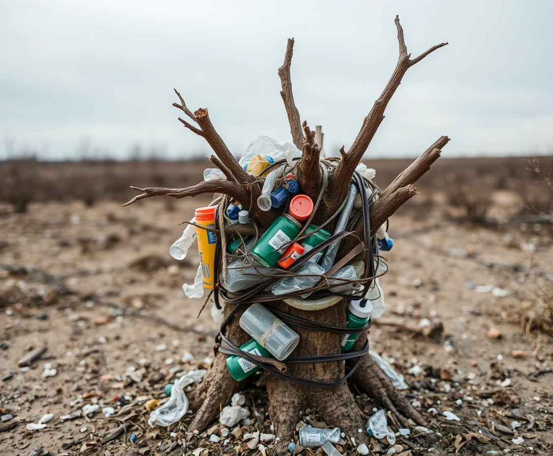 Plastic debris choking a dead tree in a barren landscape