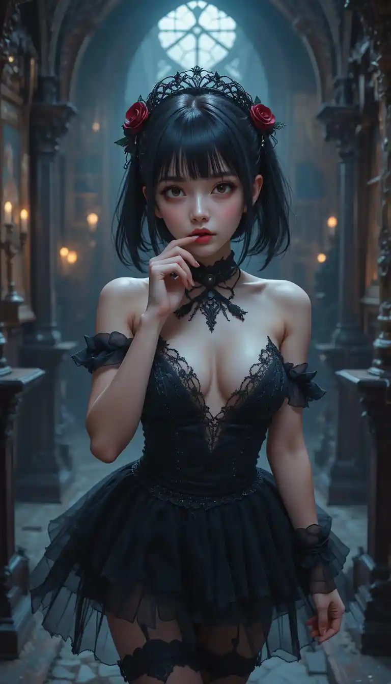 Gothic anime woman in black dress with candlelight