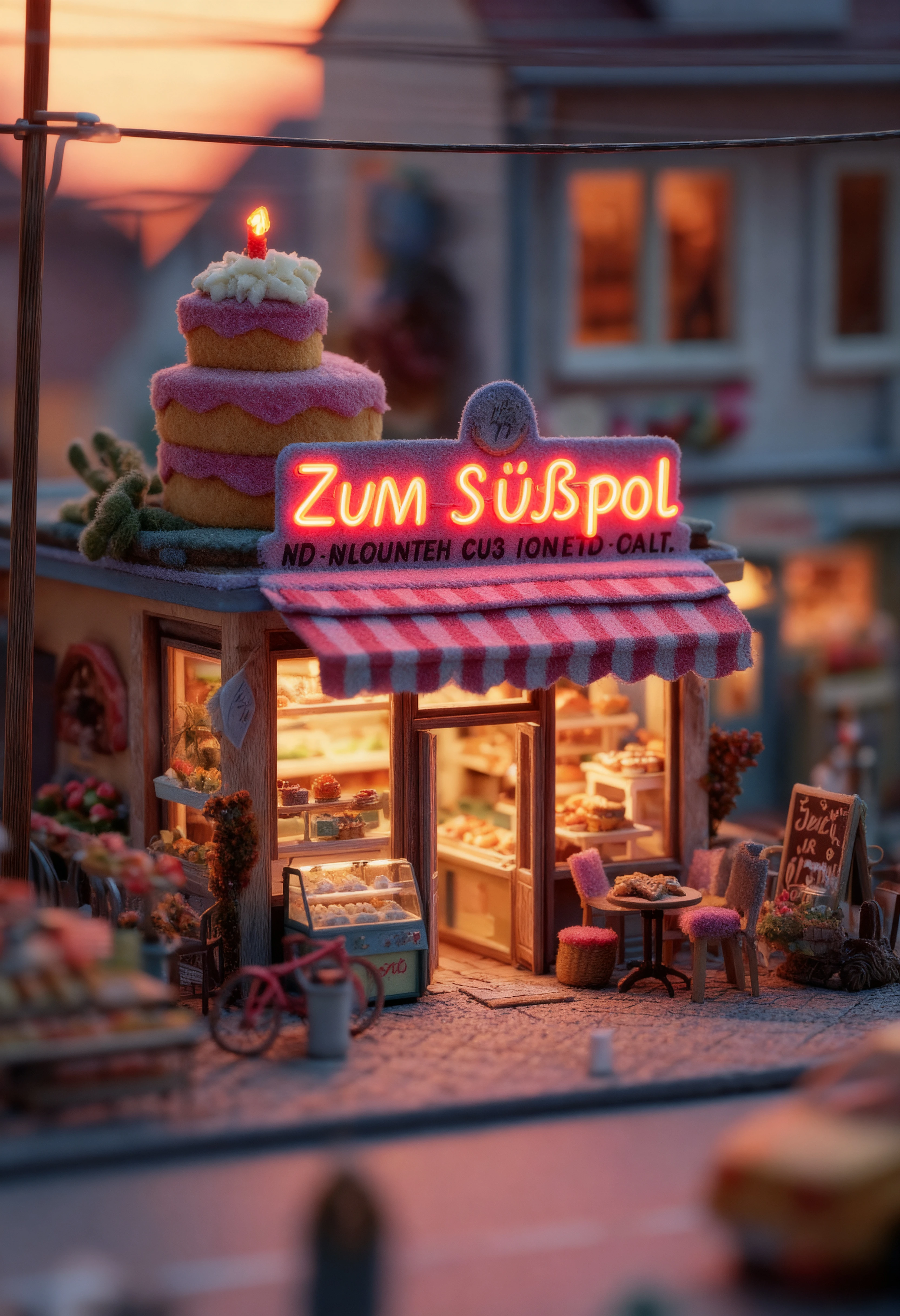 Close up neon sign displaying the text Zum Süßpol