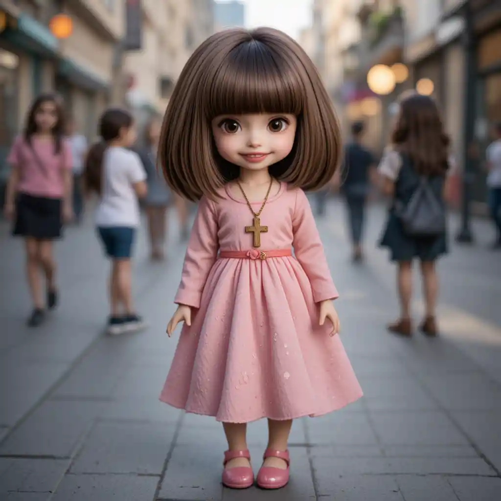 Braunhaarige Puppe im rosa Kleid auf einem Stadtbürgersteig
