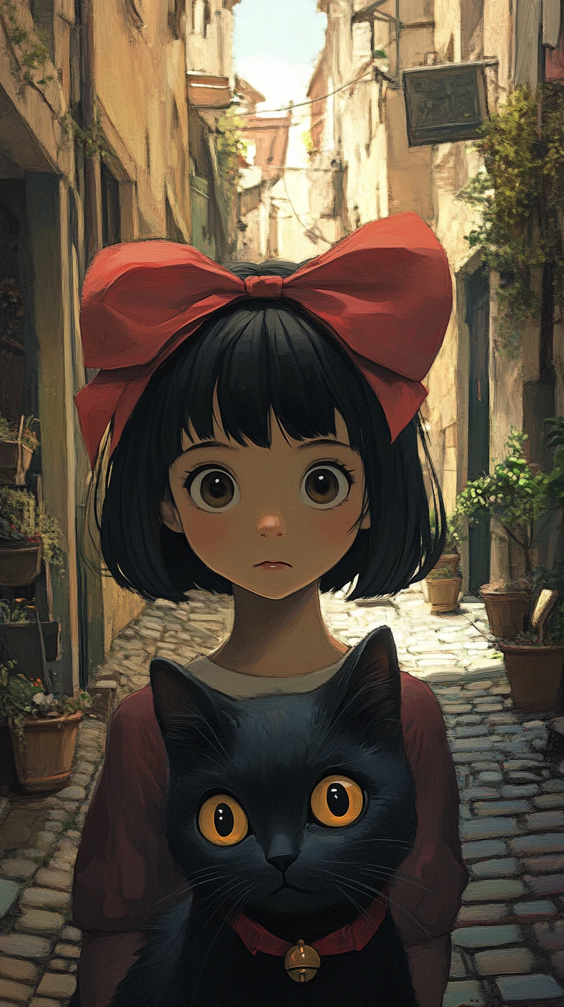 Anime girl with black cat in a quiet cobblestone alley