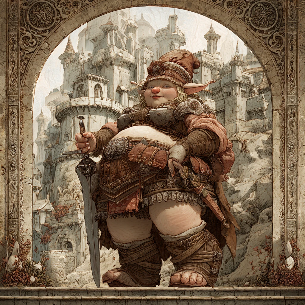 Reina trol steampunk ante un gran castillo fantástico de piedra