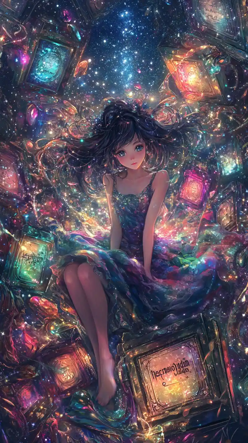 Chica de anime bailando en un reino de tesoros de fantasía resplandeciente