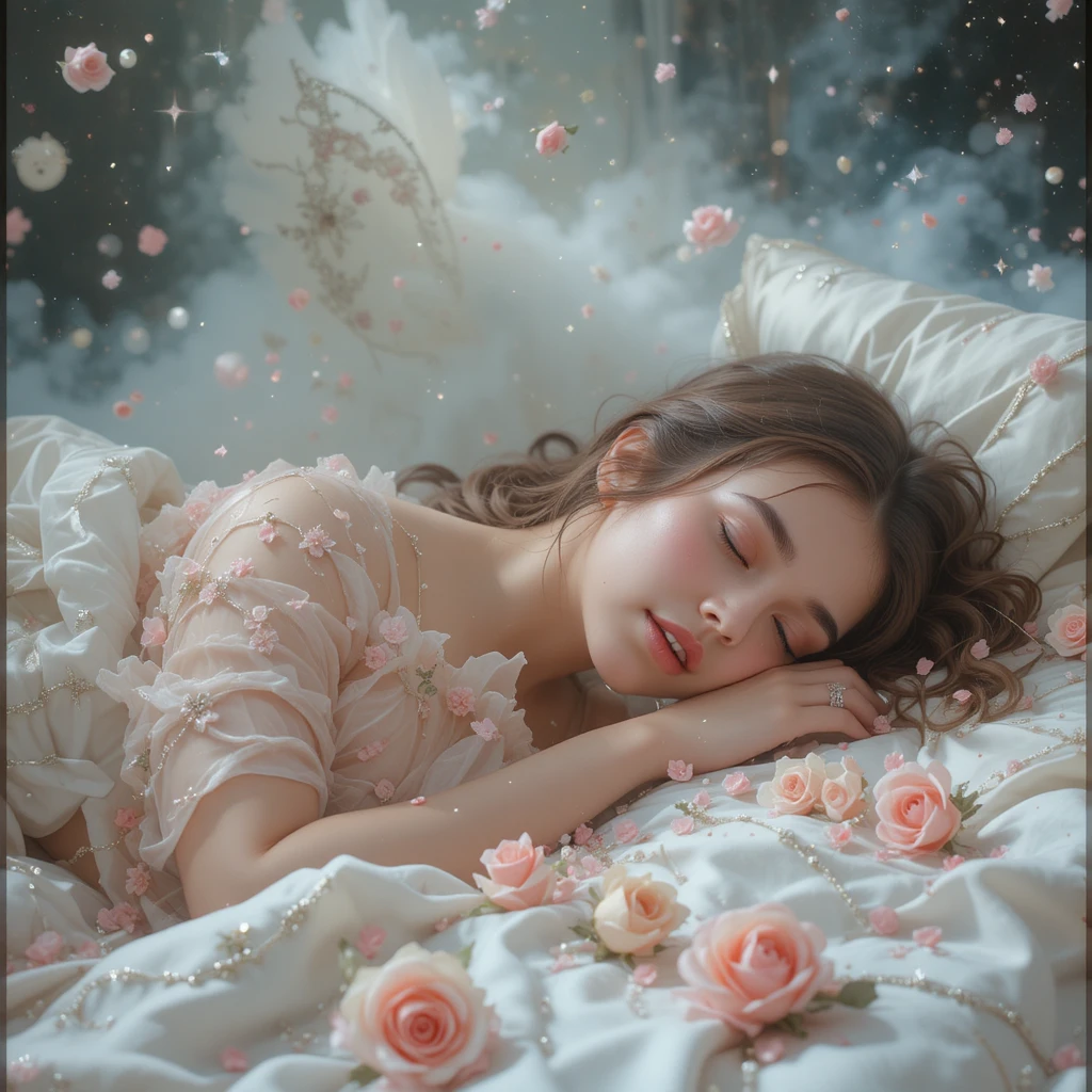 Figura romántica recostada sobre una cama surrealista de rosas