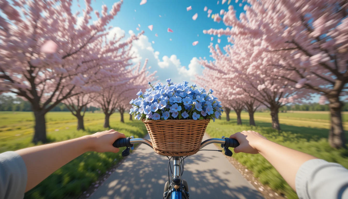 Paseo en bicicleta de primavera por un túnel campestre de cerezos en flor