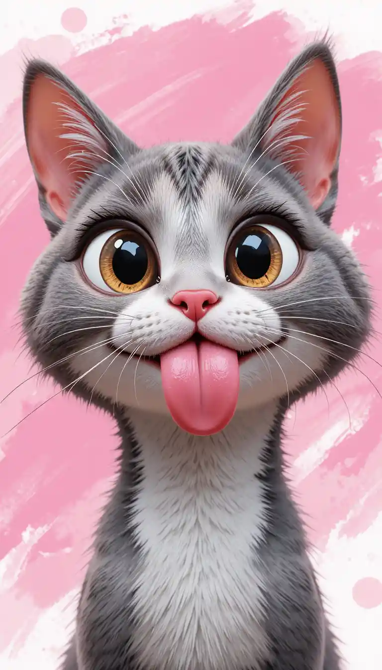 Playful cartoon cat portrait with tongue out in pink