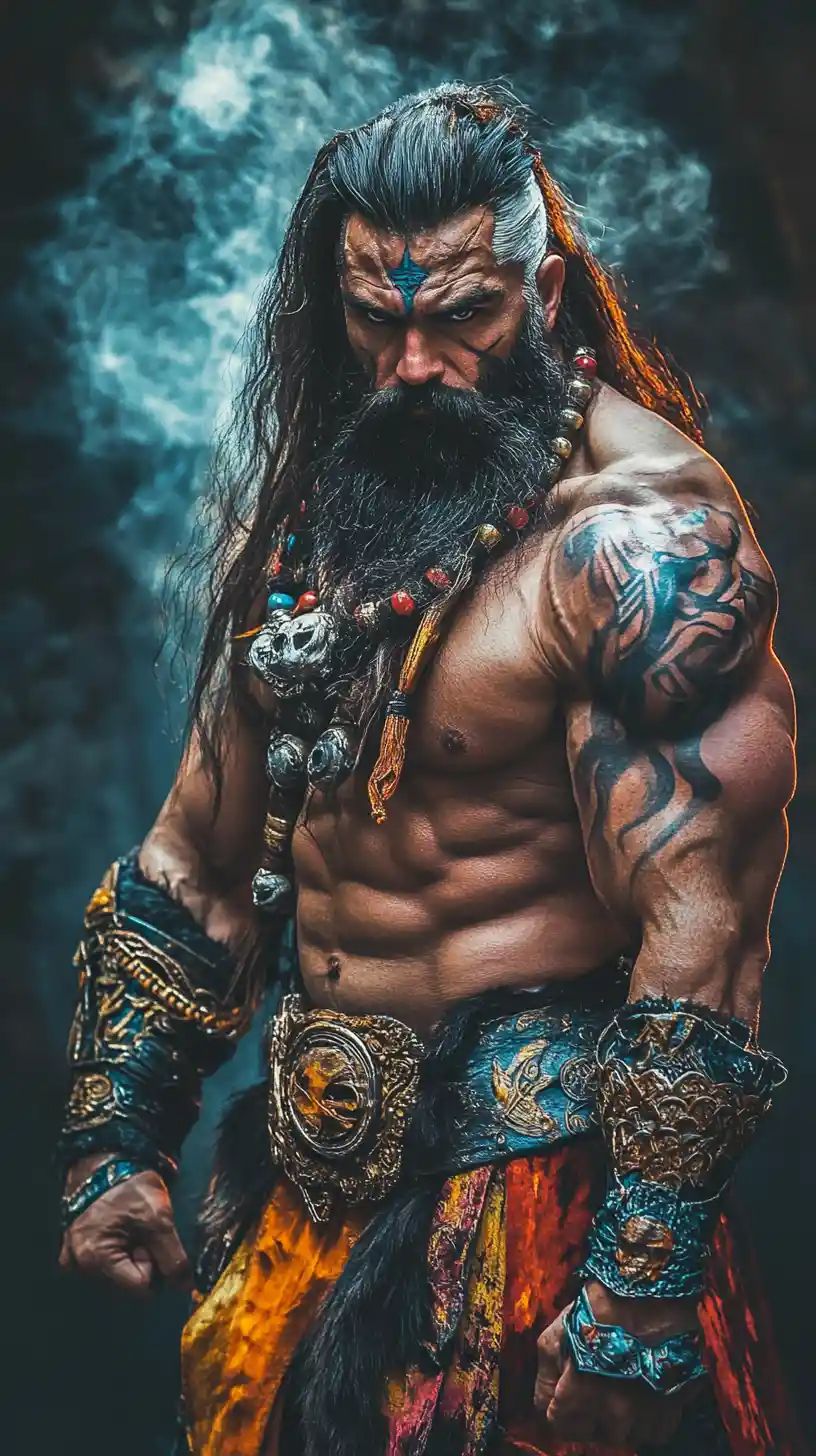 Anime-Fantasy-Kriegerzauberer in Straßenkampfpose