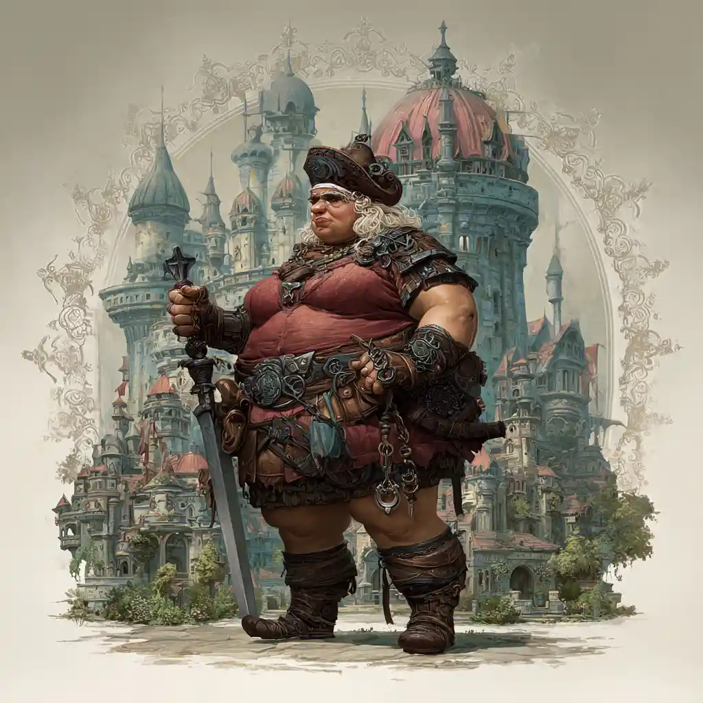 Regal troll queen in leather armor before a stone castle